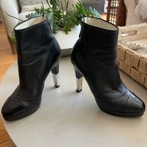 CHANEL Black Leather Ankle Boots with Silver Metallic Heels